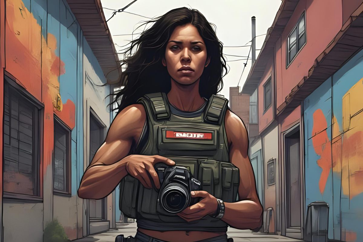 An artist's impression of a woman as a war correspondent, an AI-generated image.