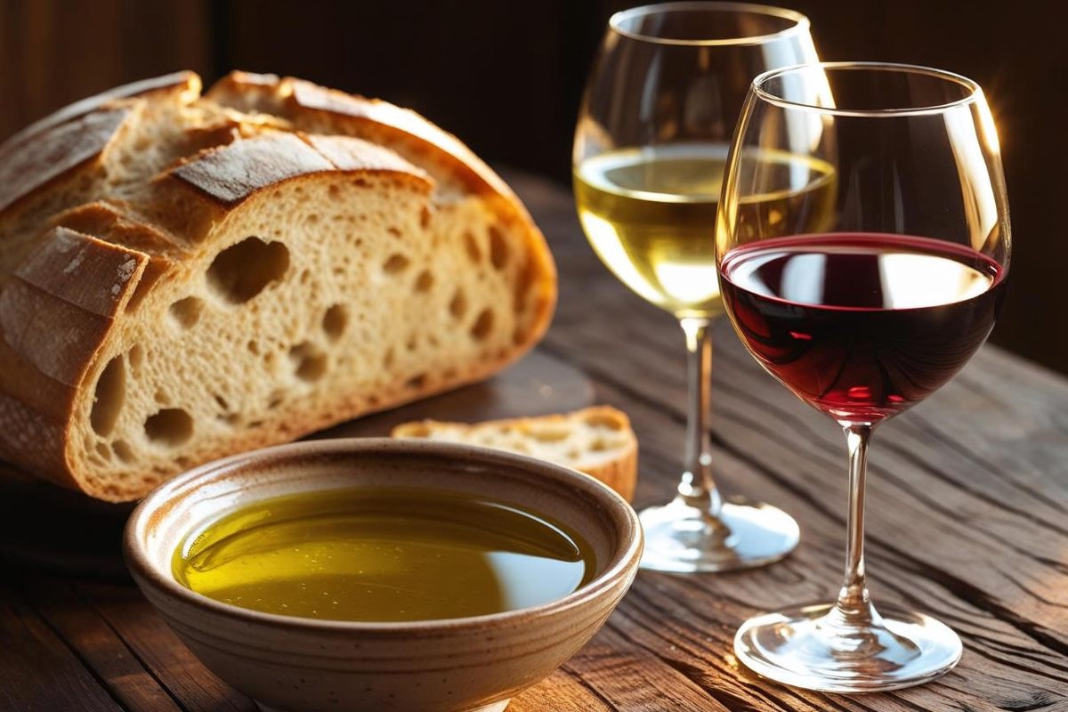 container with extra virgin olive oil, a piece of bread, a glass of white wine, and a glass of red wine, elements for an olive oil tasting and a wine tasting, AIG