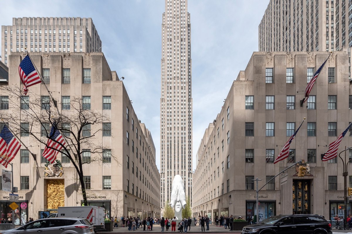 'Behind the Walls' sculpture by Jaume Plensa at the Rockefeller Center, New York.