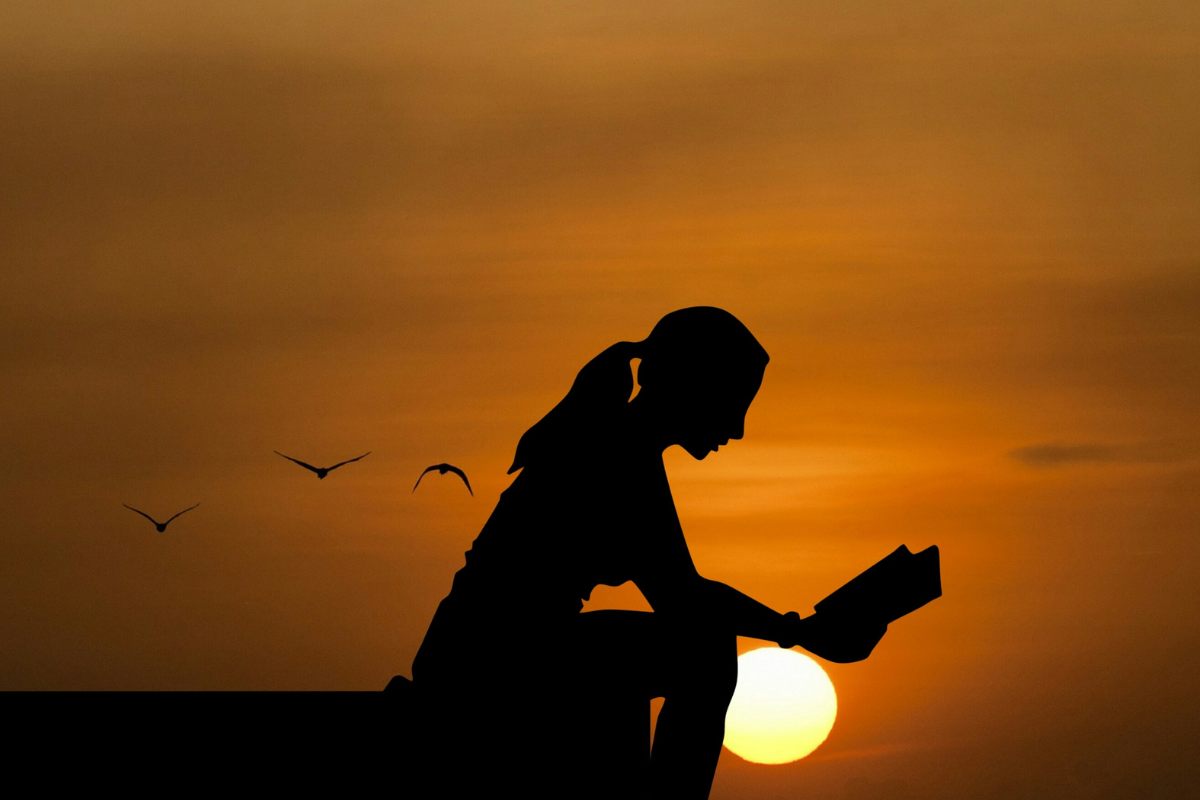A woman appears to be reading a book at dusk, in low light, almost at sunset.