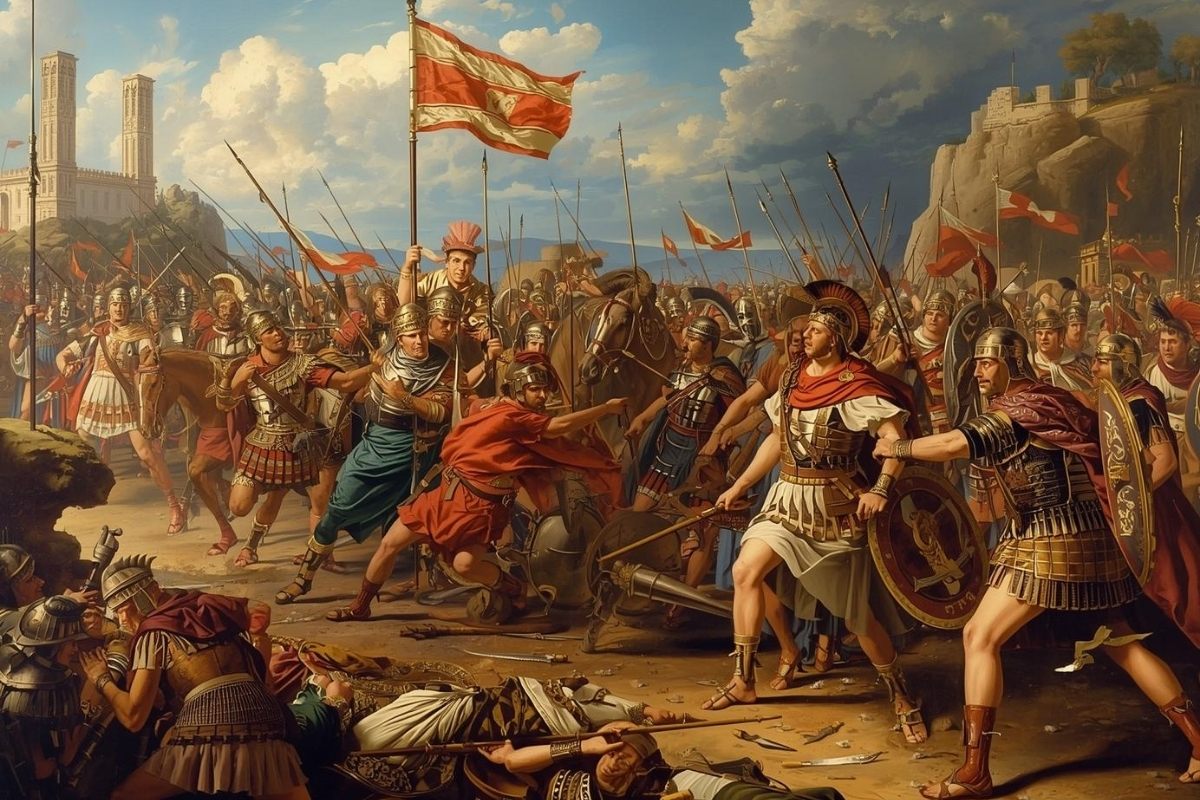 A detailed historical painting depicting Julius Caesar leading Roman legions during the conquest of Gaul, with a focus on the strategic maneuvers and the grandeur of the Roman military formation. The scene should capture the intensity of battle with a clear depiction of disciplined soldiers, their armor, and the rugged Gallic landscape.