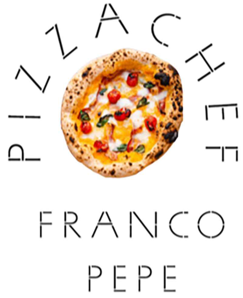 Logotipo de “Pizza Chef” con una pizza estilo napolitano en el centro, el texto “PIZZA CHEF” alrededor y el nombre “FRANCO PEPE” debajo sobre fondo blanco.