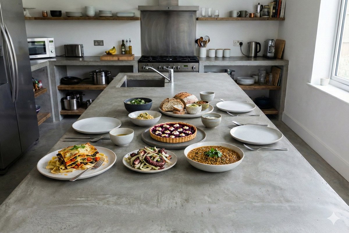 A modern kitchen with a long concrete island set for a meal, featuring several plated dishes (pasta bake, lentil stew, octopus salad, a berry tart) and bread with bowls and cutlery. Edited with IA.