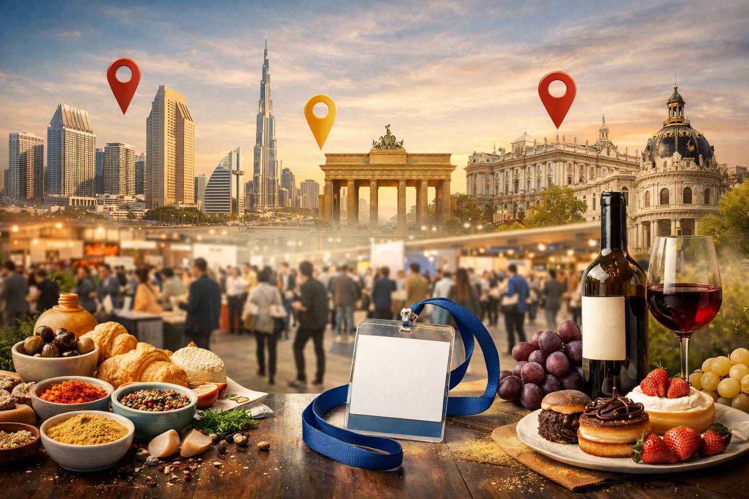 Composite image of a busy food trade show with spices, pastries, and wine in the foreground, and skylines/landmarks representing San Diego, Dubai, Berlin, and Madrid marked with location pins.