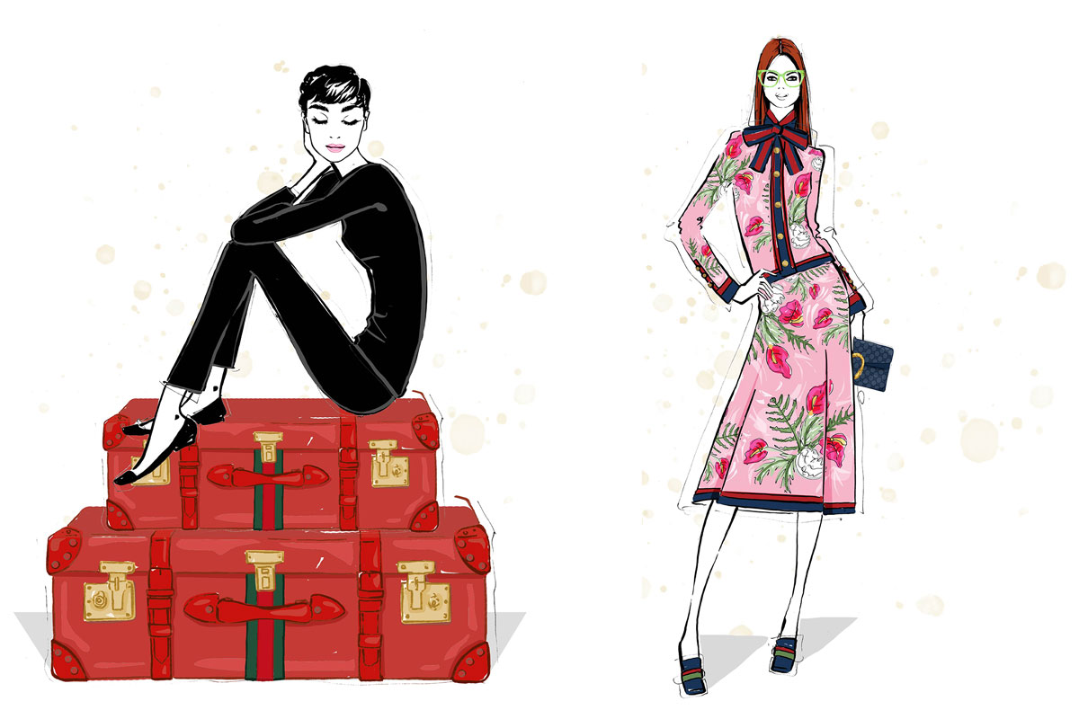 Two examples of the illustrations in the Gucci book: Audrey Hepburn on red luggage and Floral design.