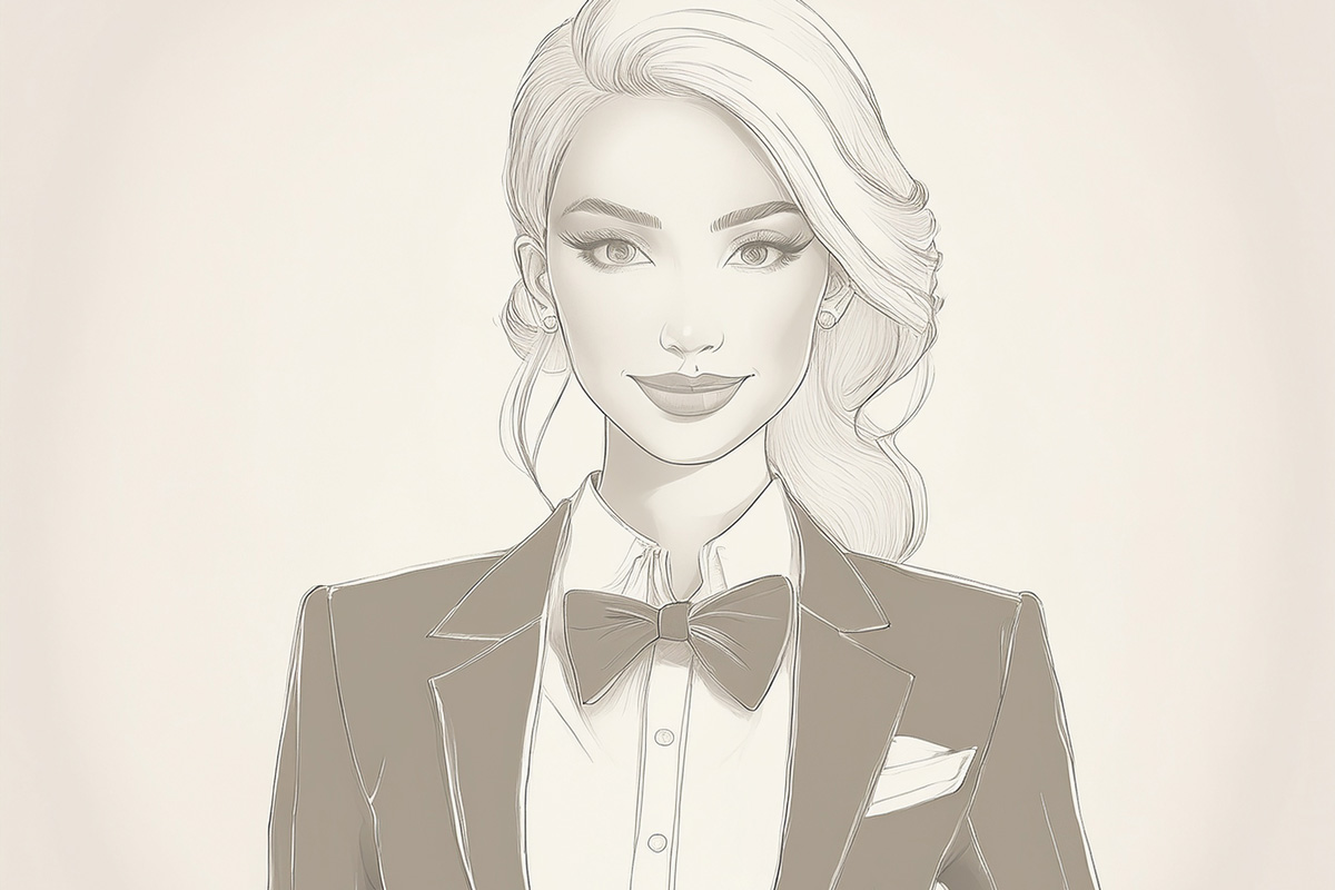 Retrato elegante, estilo lápiz, de una mujer con esmoquin y pajarita. Imagen sintética.