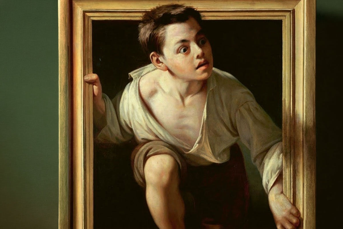 Painted boy with a surprised expression climbing out of a golden frame in a trompe-l’œil artwork. Fleeing criticism by Pere Borrell del Caso.