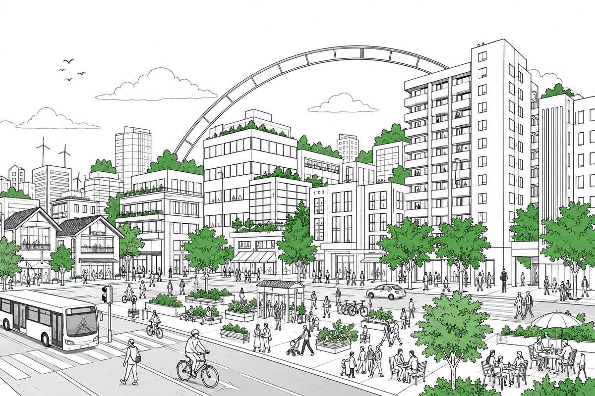 Line drawing of a modern city with buildings of varying heights, trees, pedestrians and cyclists, with a large arch rising in the background.