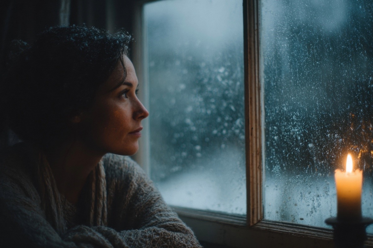 Woman sitting beside a rain-covered window, illuminated by the warm glow of a candle.