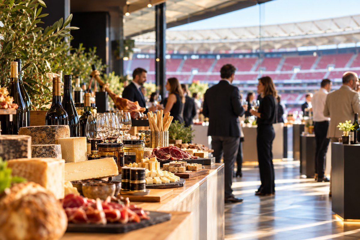 Table of Spanish cheeses, cured ham, charcuterie and wine in the foreground, with well-dressed guests networking in a sunlit stadium hospitality area behind