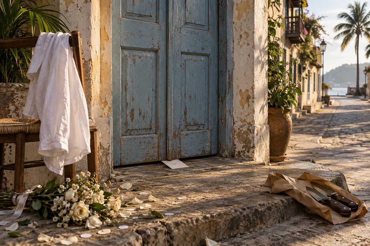 A white shirt hangs over a chair beside a closed blue door, with an envelope, wilted wedding flowers and two knives wrapped in paper.