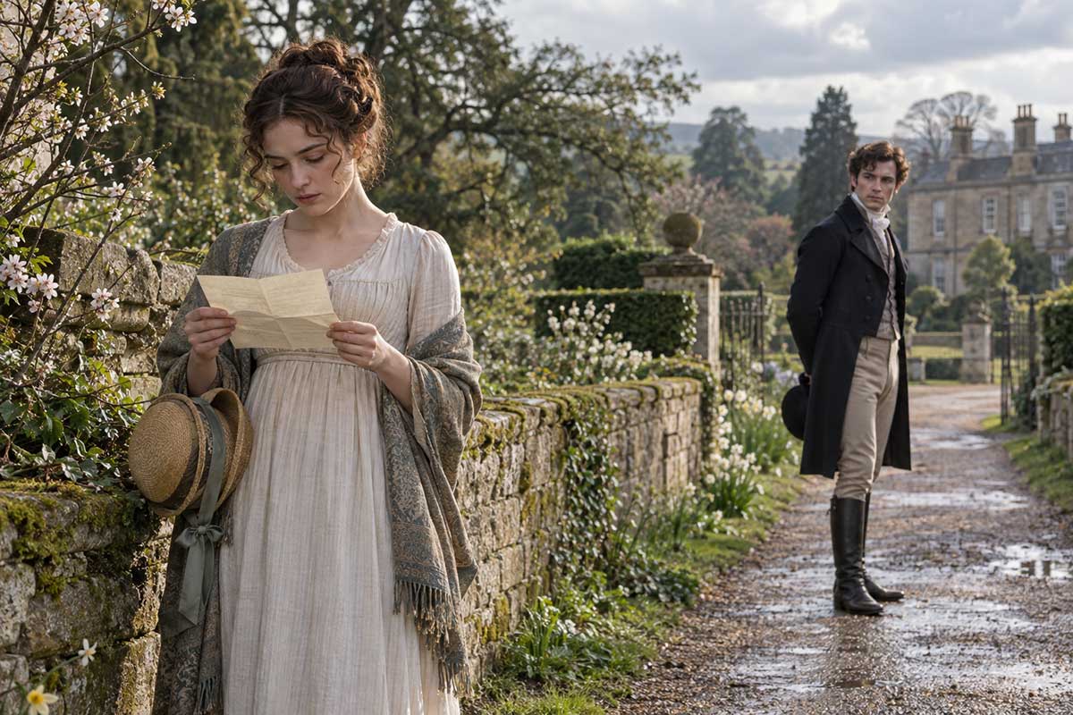 Woman in a Regency-era dress reading a letter beside a stone wall, with a man in a tailcoat watching from a country lane