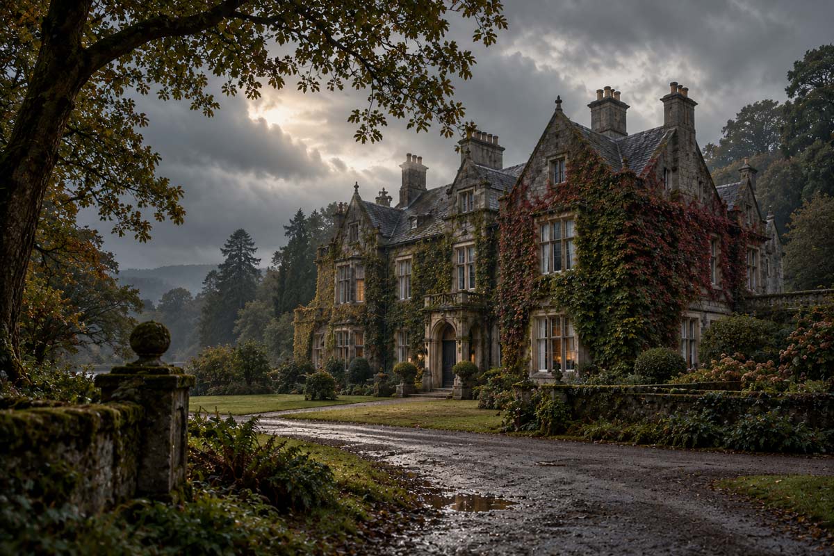 A stone Gothic-style manor house covered in green and red ivy, with a slate roof and several chimneys, at the end of a wet gravel drive on a misty autumn evening; to the left, a large tree and a moss-covered stone wall.