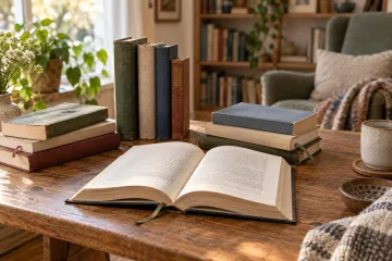 An open book surrounded by stacks of well-read classic novels on a wooden table in a warm, sunlit reading room.