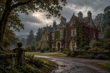 A stone Gothic-style manor house covered in green and red ivy, with a slate roof and several chimneys, at the end of a wet gravel drive on a misty autumn evening; to the left, a large tree and a moss-covered stone wall.