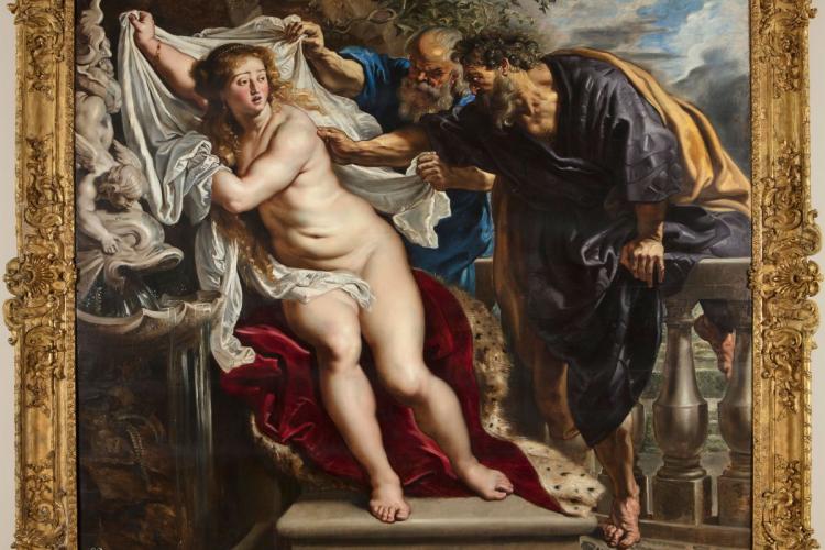 Susanna and the elders, a baroque painting by Rubens. It depicts a dramatic biblical scene where a nude woman, Susanna, attempts to cover herself with a white cloth while being harassed by two older men.