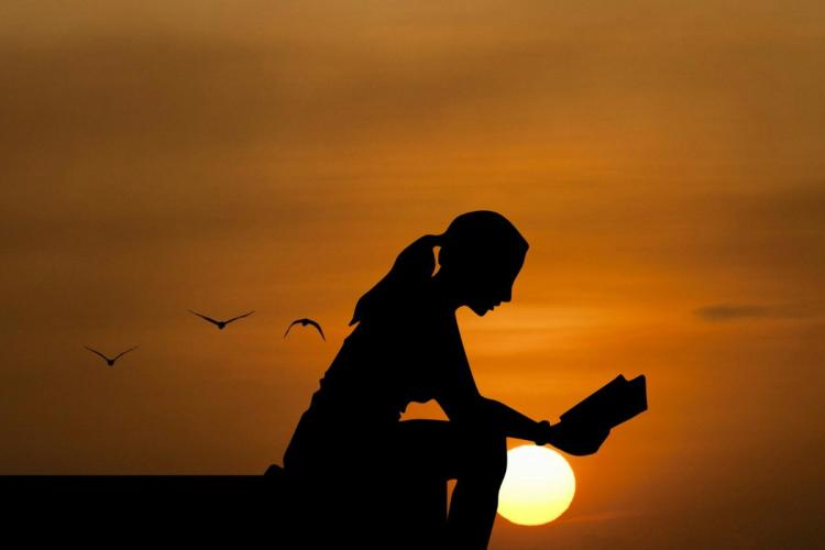 A woman appears to be reading a book at dusk, in low light, almost at sunset.