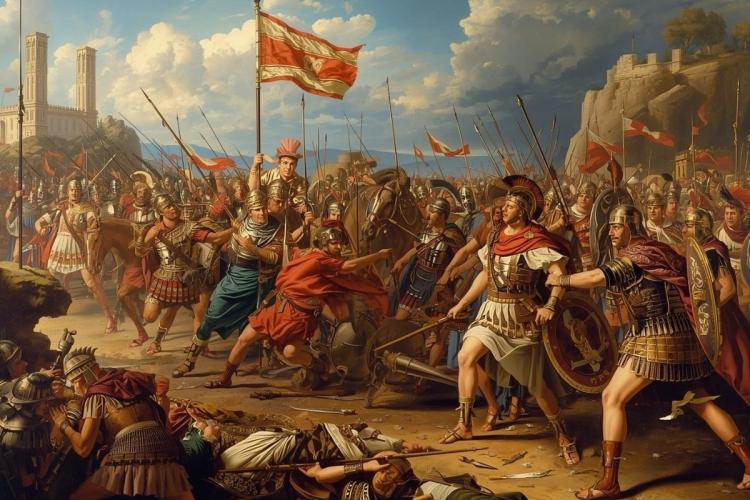 A detailed historical painting depicting Julius Caesar leading Roman legions during the conquest of Gaul, with a focus on the strategic maneuvers and the grandeur of the Roman military formation. The scene should capture the intensity of battle with a clear depiction of disciplined soldiers, their armor, and the rugged Gallic landscape.