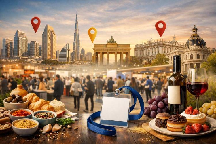 Composite image of a busy food trade show with spices, pastries, and wine in the foreground, and skylines/landmarks representing San Diego, Dubai, Berlin, and Madrid marked with location pins.