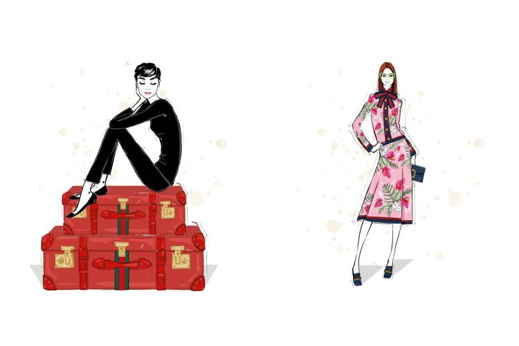 Two examples of the illustrations in the Gucci book: Audrey Hepburn on red luggage and Floral design.