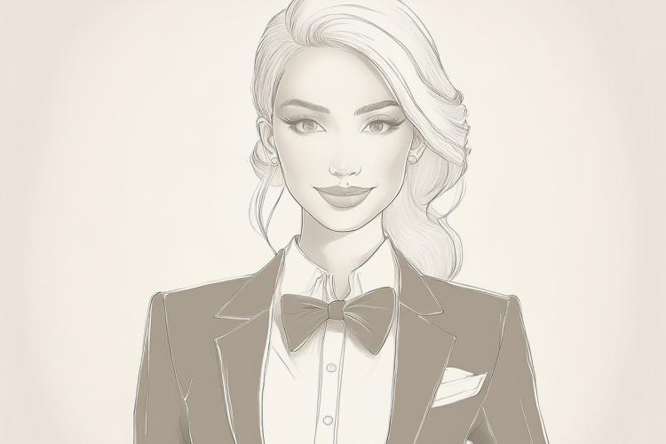 Elegant pencil-style portrait of a woman in a tuxedo with a bow tie. Synthetic image.