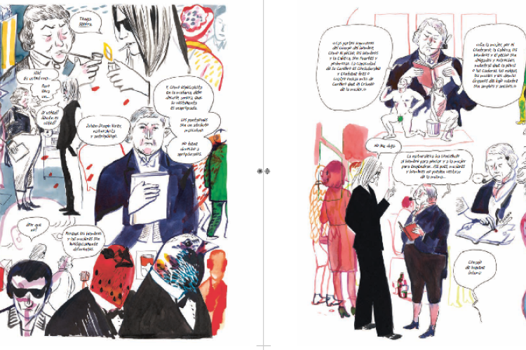 Two-page illustrated comic spread with loose ink-and-watercolor drawings of formally dressed people talking, reading, and smoking, surrounded by speech bubbles and handwritten notes.
