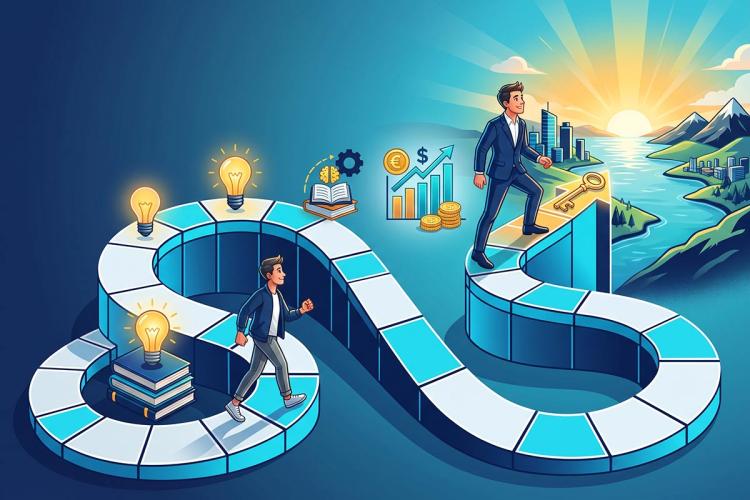 Illustration of a man walking up a blue path of learning and economic growth to achieve financial freedom.
