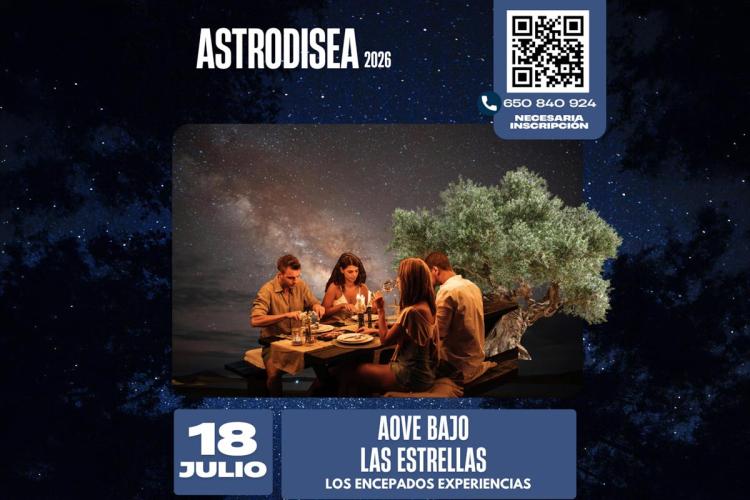 Poster for Astrodisea 2026 promoting “AOVE Bajo las Estrellas” on July 18, showing several people dining under a starry sky beside an olive tree. It includes a QR code, contact phone number, and a note that registration is required.