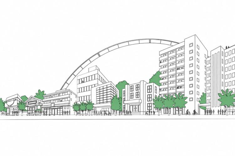 Line drawing of a modern city with buildings of varying heights, trees, pedestrians and cyclists, with a large arch rising in the background.