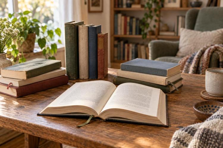An open book surrounded by stacks of well-read classic novels on a wooden table in a warm, sunlit reading room.