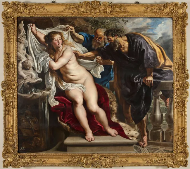 Susanna and the elders, a baroque painting by Rubens. It depicts a dramatic biblical scene where a nude woman, Susanna, attempts to cover herself with a white cloth while being harassed by two older men.