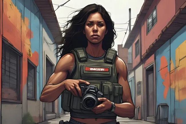 Representación artística de una mujer como corresponsal de guerra, imagen generada por AI.