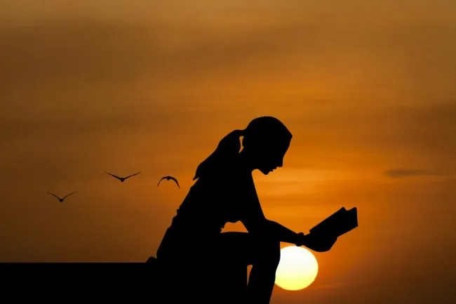 A woman appears to be reading a book at dusk, in low light, almost at sunset.