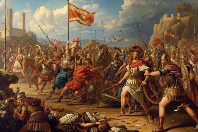 A detailed historical painting depicting Julius Caesar leading Roman legions during the conquest of Gaul, with a focus on the strategic maneuvers and the grandeur of the Roman military formation. The scene should capture the intensity of battle with a clear depiction of disciplined soldiers, their armor, and the rugged Gallic landscape.