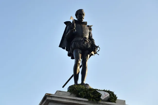 Statue of Miguel de Cervantes, writer and historical figure, at Alcalá de Henares, Madrid.