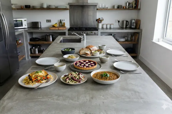 Cocina moderna con una larga isla de cemento preparada para comer, con varios platos servidos (pasta al horno, guiso de lentejas, ensalada de pulpo, tarta de frutos rojos) y pan, junto a cuencos y cubiertos. Editada con IA.