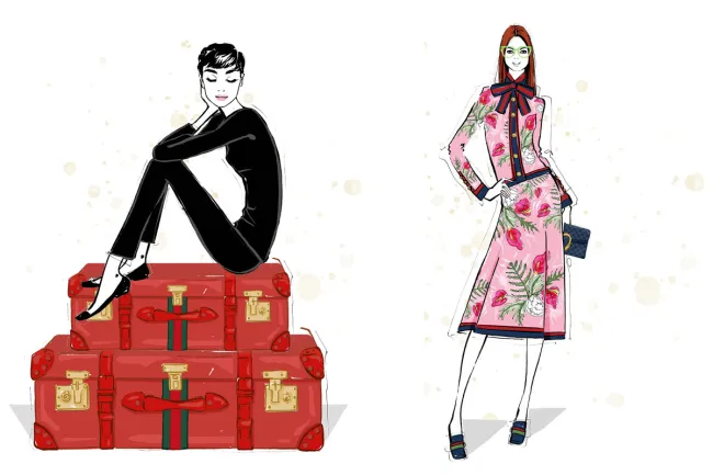 Dos ejemplos de las ilustraciones en el libro Gucci: Audrey Hapburn sobre el equipaje rojo y el diseño Floral.