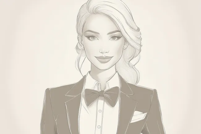 Retrato elegante, estilo lápiz, de una mujer con esmoquin y pajarita. Imagen sintética.