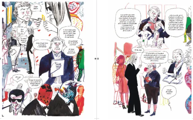 Doble página de cómic ilustrado con dibujos sueltos en tinta y acuarela de personas vestidas de manera formal que conversan, leen y fuman, rodeadas de globos de diálogo y notas escritas a mano.