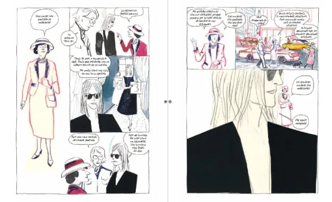 Cómic de moda de dos páginas con mujeres elegantes, escenas urbanas y diálogos en español.