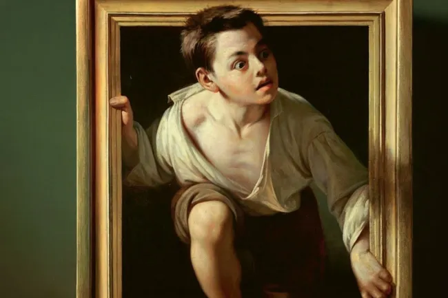 Painted boy with a surprised expression climbing out of a golden frame in a trompe-l’œil artwork. Fleeing criticism by Pere Borrell del Caso.